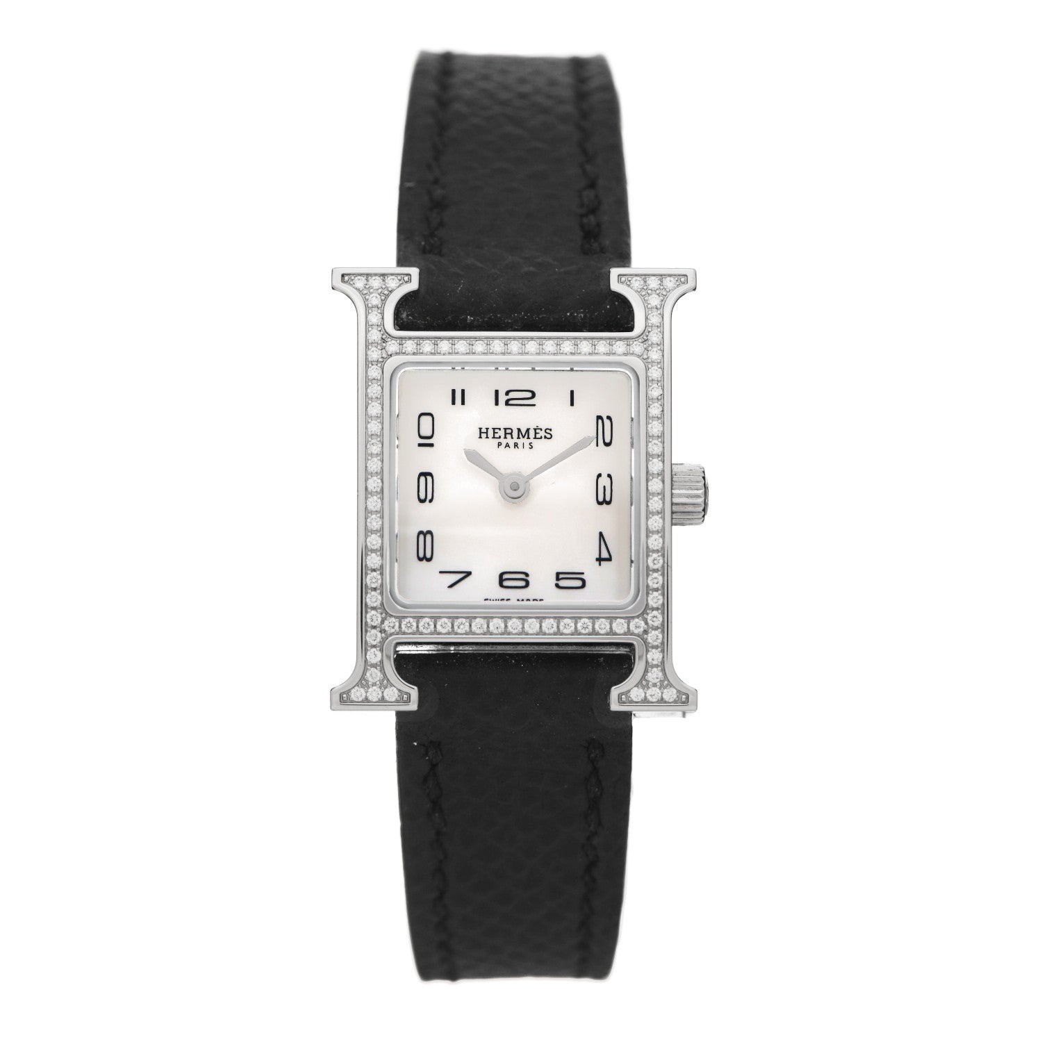 Hermes Stainless Steel Epsom Diamond Bezel Mother of Pearl 17.2mm Heure H Hour Quartz Watch Noir 1 of 5