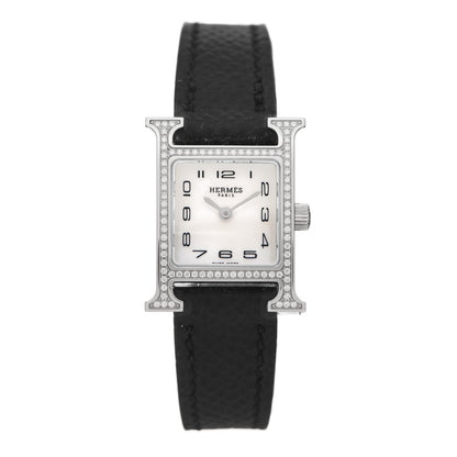 Hermes Stainless Steel Epsom Diamond Bezel Mother of Pearl 17.2mm Heure H Hour Quartz Watch Noir 1 of 5