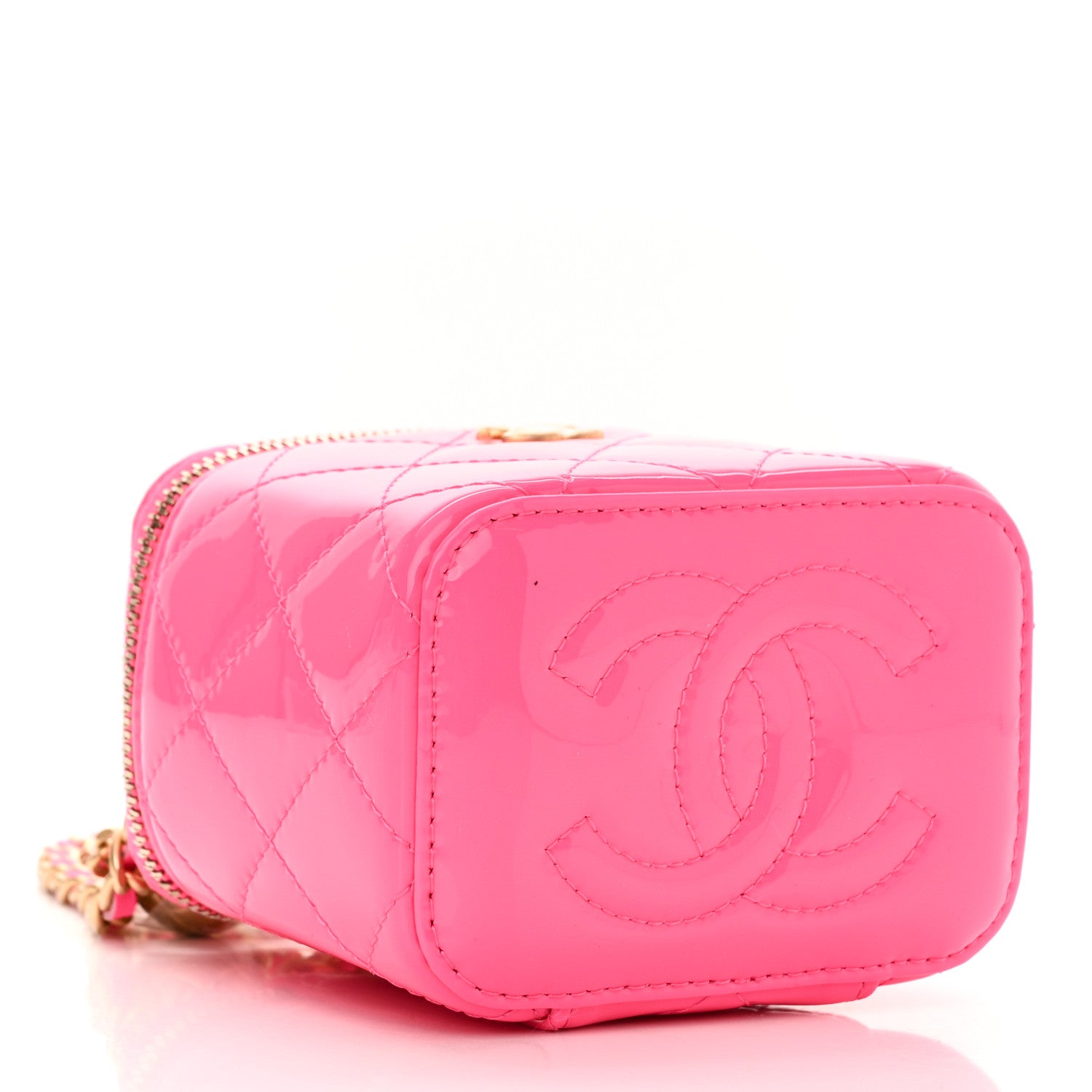 Chanel Patent Quilted Pearl Crush Mini Vanity Case With Chain Neon Pink 4 of 12