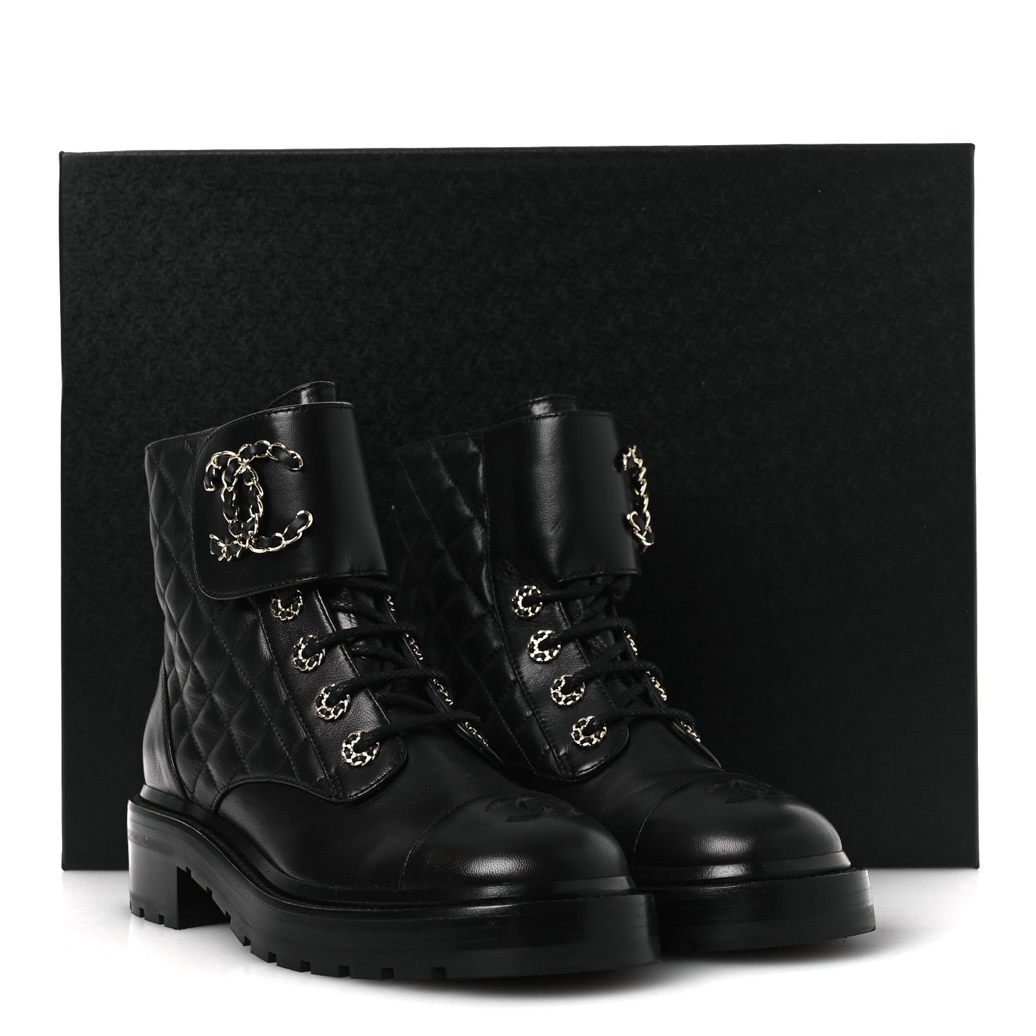Chanel Shiny Lambskin Quilted Lace Up Combat Boots 37 Black 11 of 11