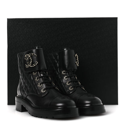 Chanel Shiny Lambskin Quilted Lace Up Combat Boots 37 Black 11 of 11