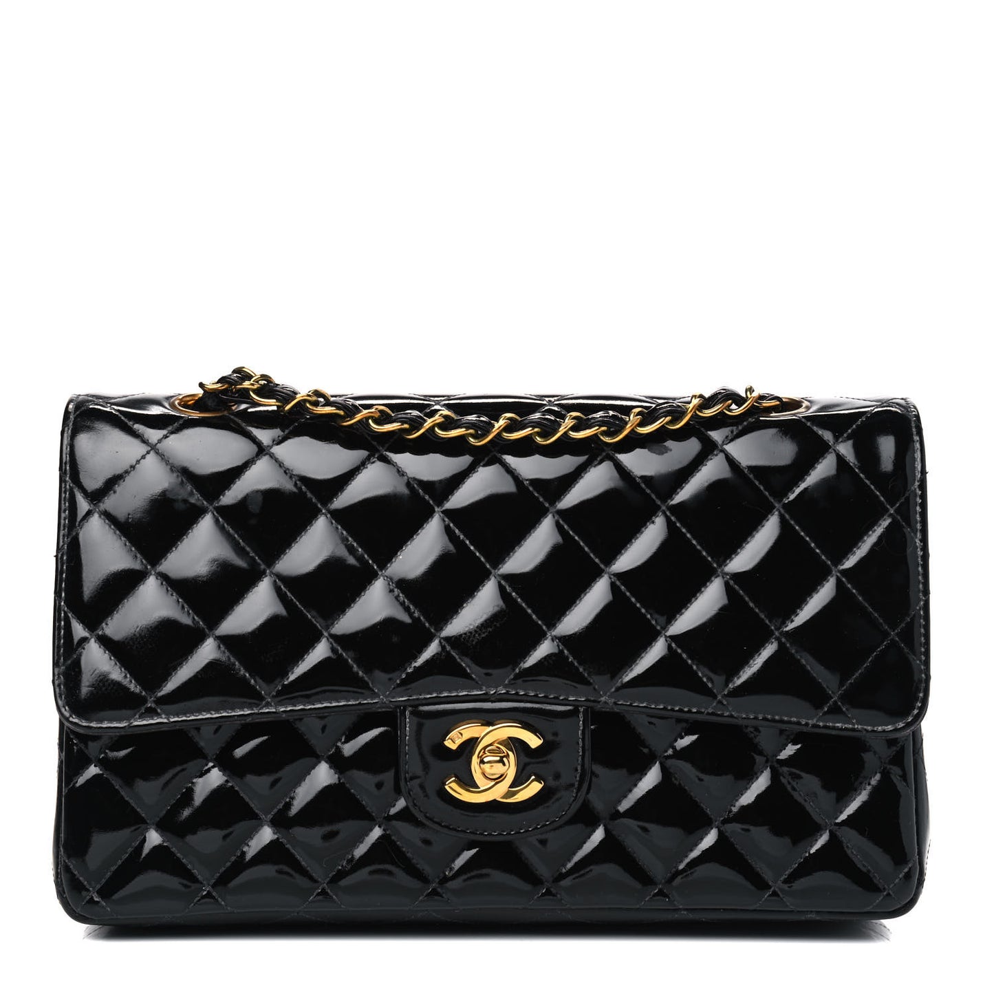 Patent Quilted Medium Double Flap Black