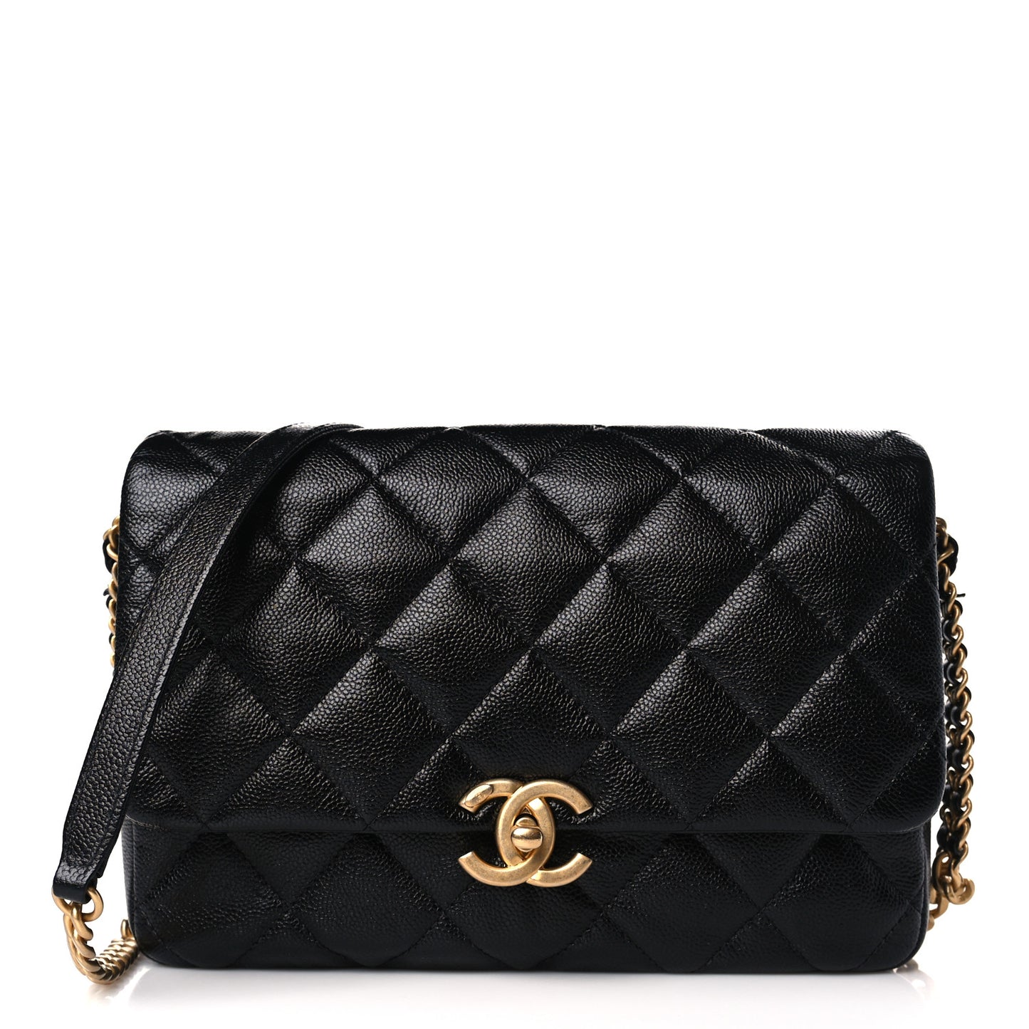 Shiny Caviar Quilted Large Chain Melody Flap Black