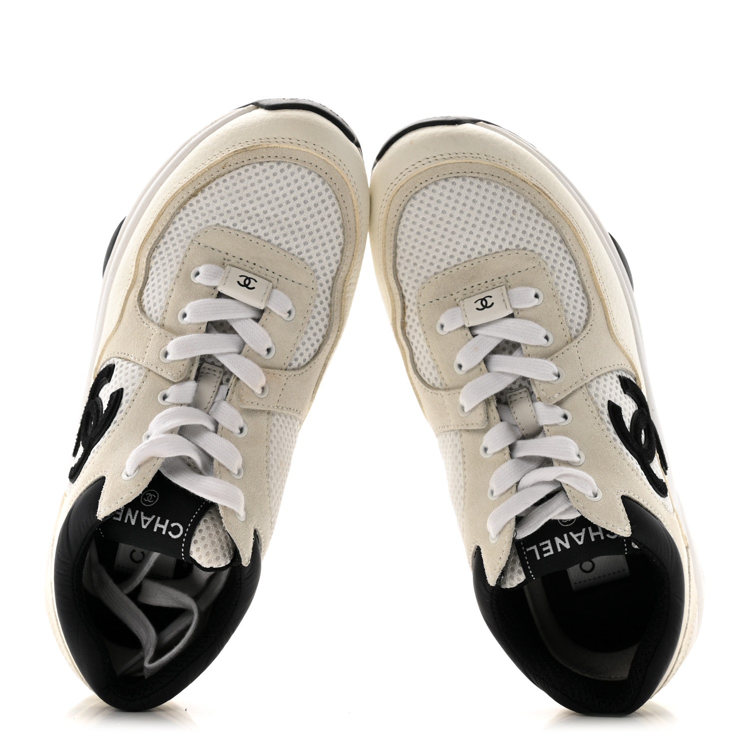Chanel Mesh Suede Calfskin Grained Calfskin Womens CC Sneakers 38 White Black 4 of 22