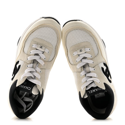 Chanel Mesh Suede Calfskin Grained Calfskin Womens CC Sneakers 38 White Black 4 of 22