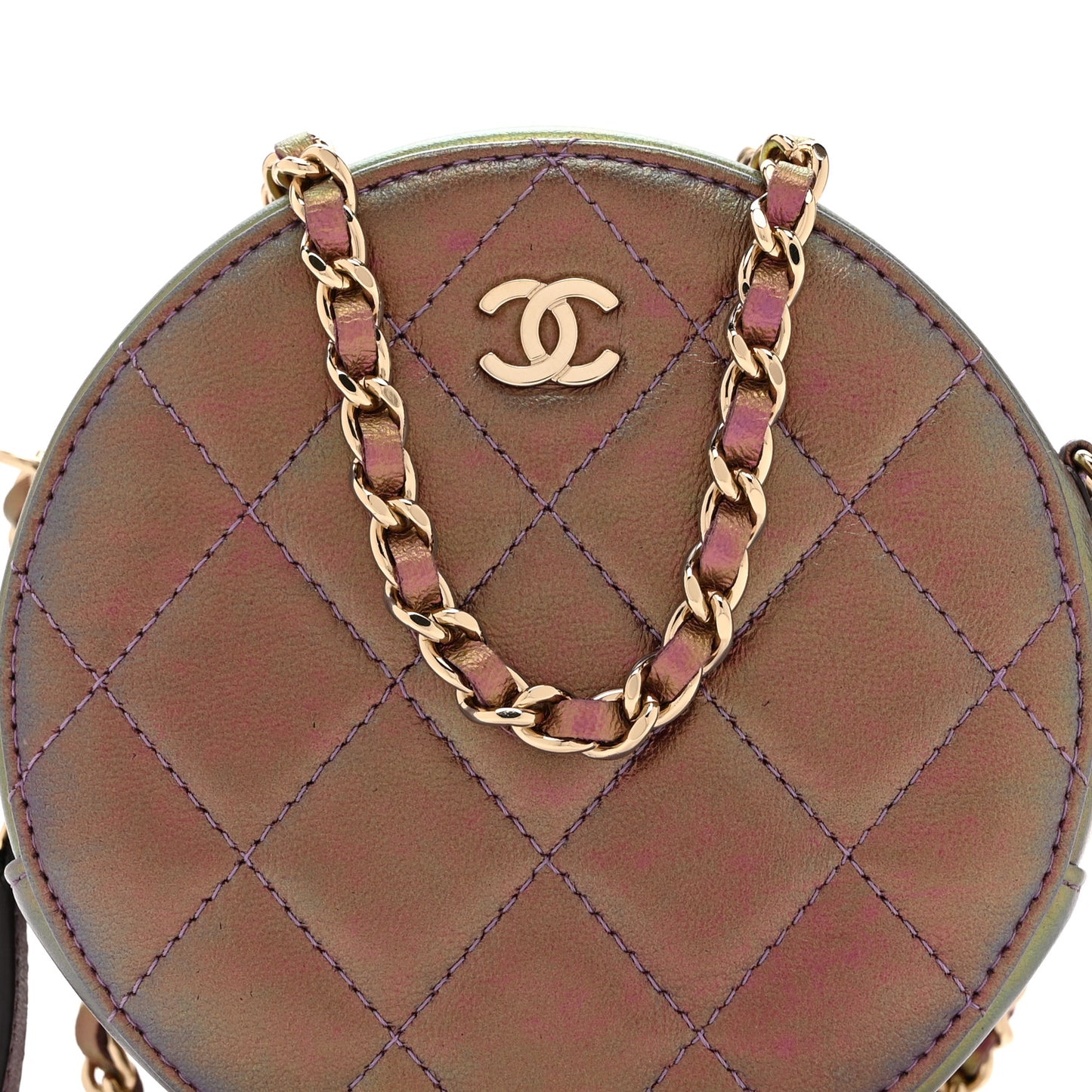 Iridescent Lambskin Quilted Round Clutch With Chain Purple