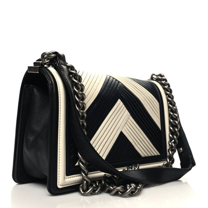 Chanel Calfskin Pleated Medium Boy In Rome Flap Black White 3 of 10