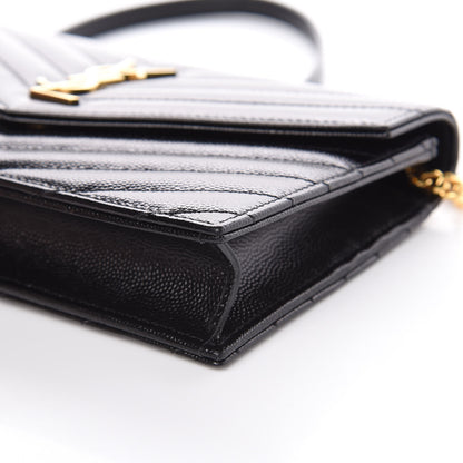 Saint Laurent Grain De Poudre Matelasse Chevron Monogram Envelope Chain Wallet Black 10 of 11