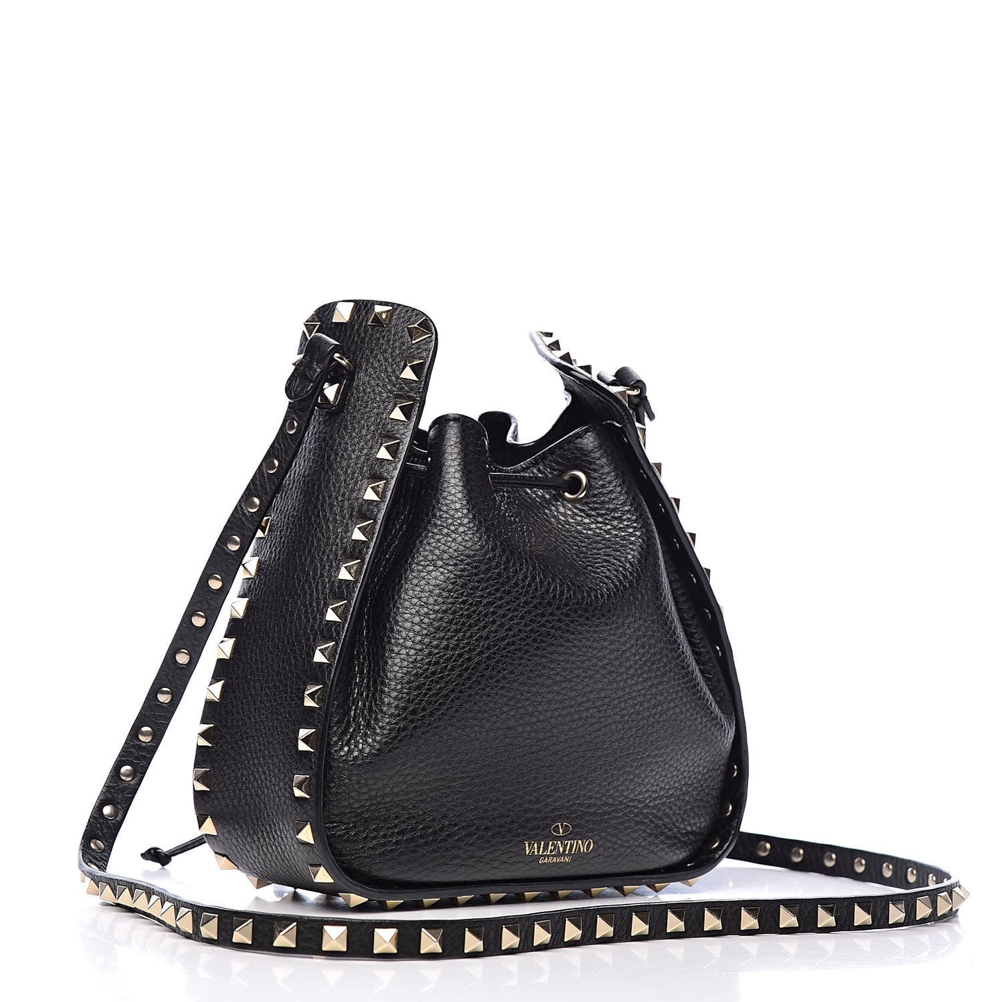 Grained Calfskin Rockstud Bucket Bag Black