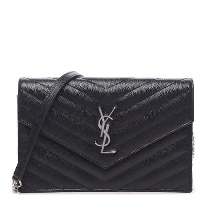 Saint Laurent Grain De Poudre Matelasse Chevron Monogram Envelope Chain Wallet Black 1 of 11