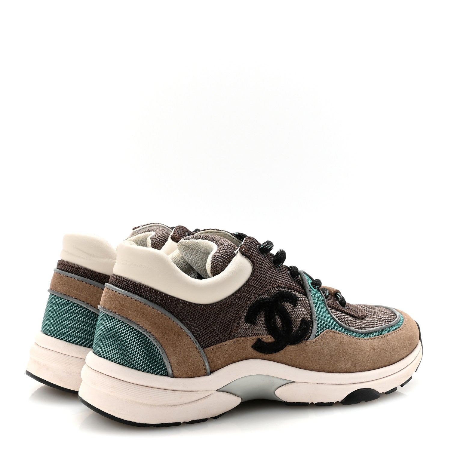 Chanel Nylon Calfskin Suede Womens CC Sneakers 38.5 Brown Green 5 of 9