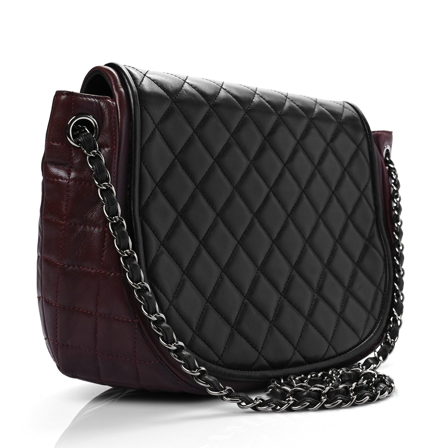 Lambskin Quilted Large Classic Twist Crescent Flap Black Burgundy