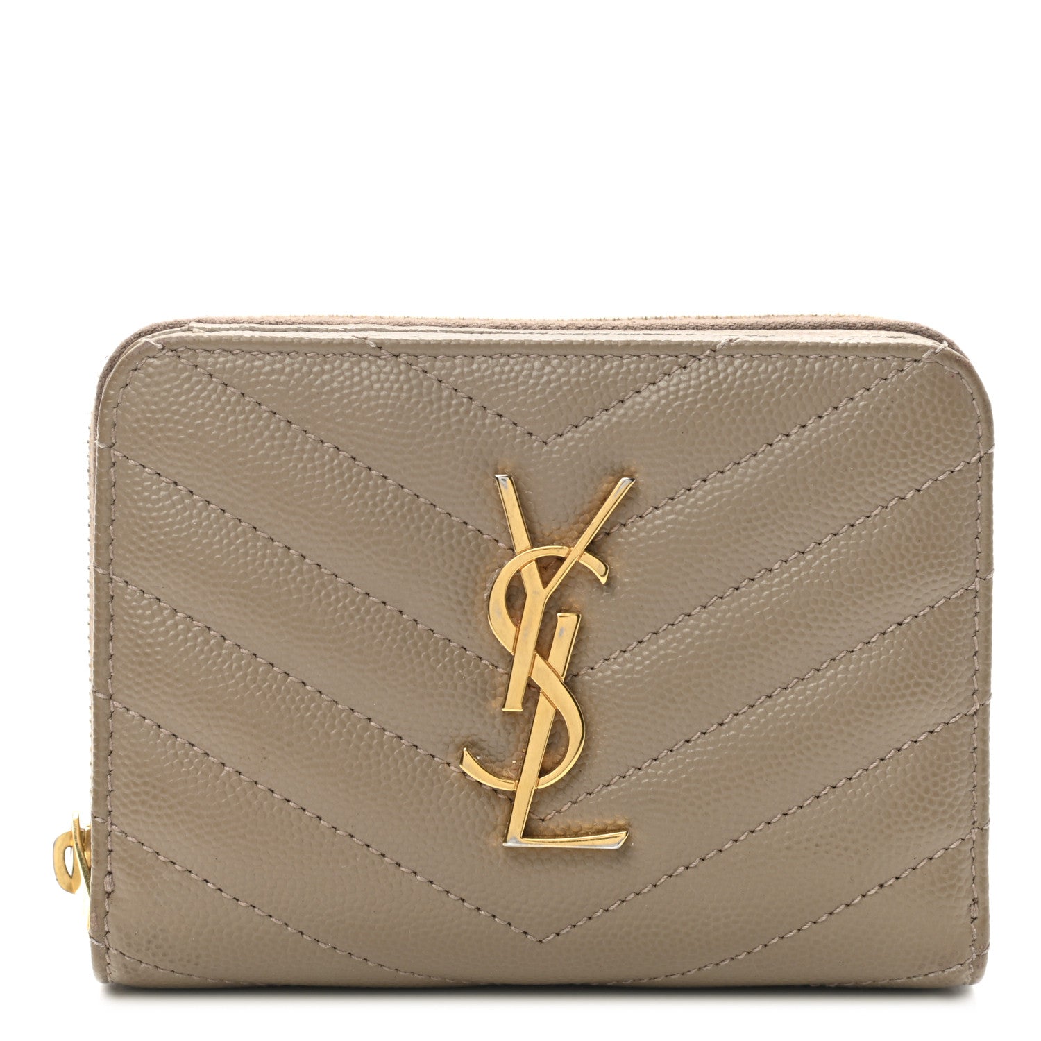 Saint Laurent Grain De Poudre Matelasse Chevron Monogram Compact Zip Around Wallet Dark Latte 1 of 8