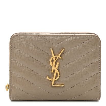 Saint Laurent Grain De Poudre Matelasse Chevron Monogram Compact Zip Around Wallet Dark Latte 1 of 8