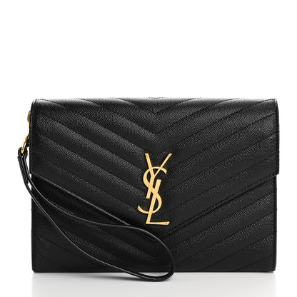 Saint Laurent Grain De Poudre Matelasse Chevron Monogram Envelope Clutch Black 1 of 7
