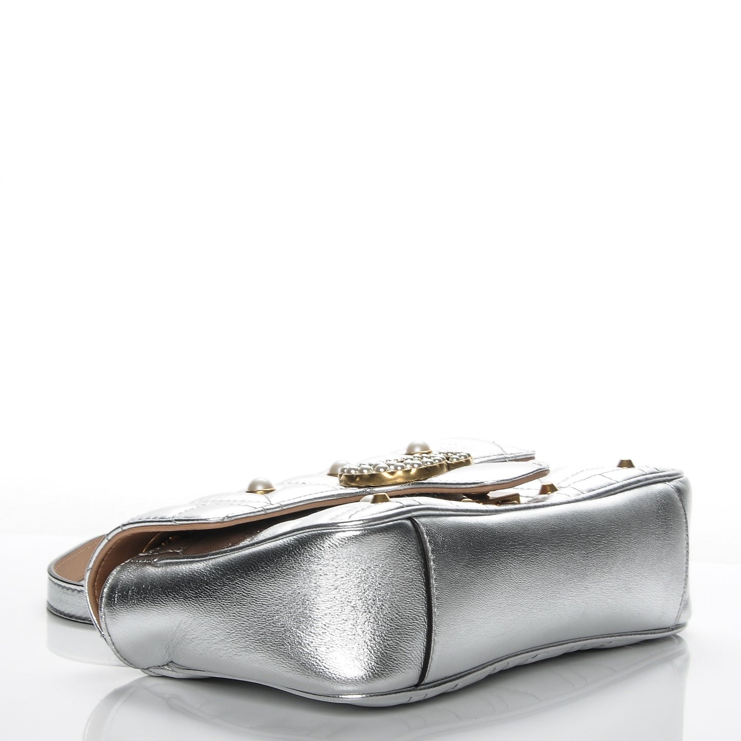 Metallic Calfskin Matelasse Studded Mini Pearly GG Marmont Shoulder Bag Silver
