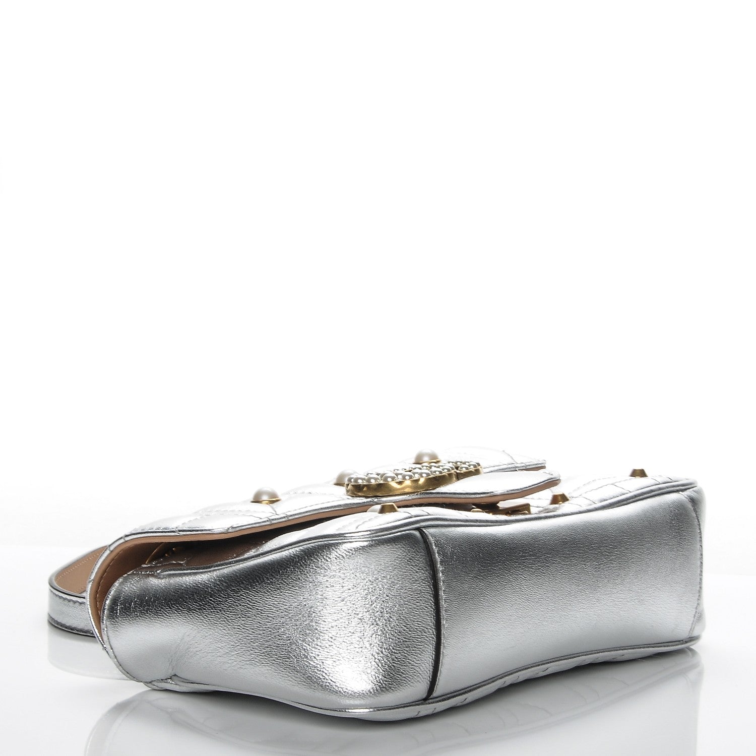 Gucci Metallic Calfskin Matelasse Studded Mini Pearly GG Marmont Shoulder Bag Silver 4 of 7