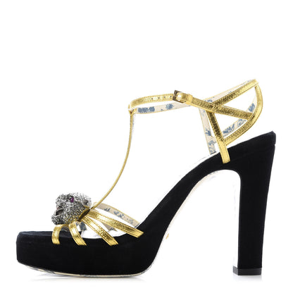 Gucci Velvet Nappa Elias T-Strap Platform High Heel Sandals 37.5 Black Gold 1 of 9