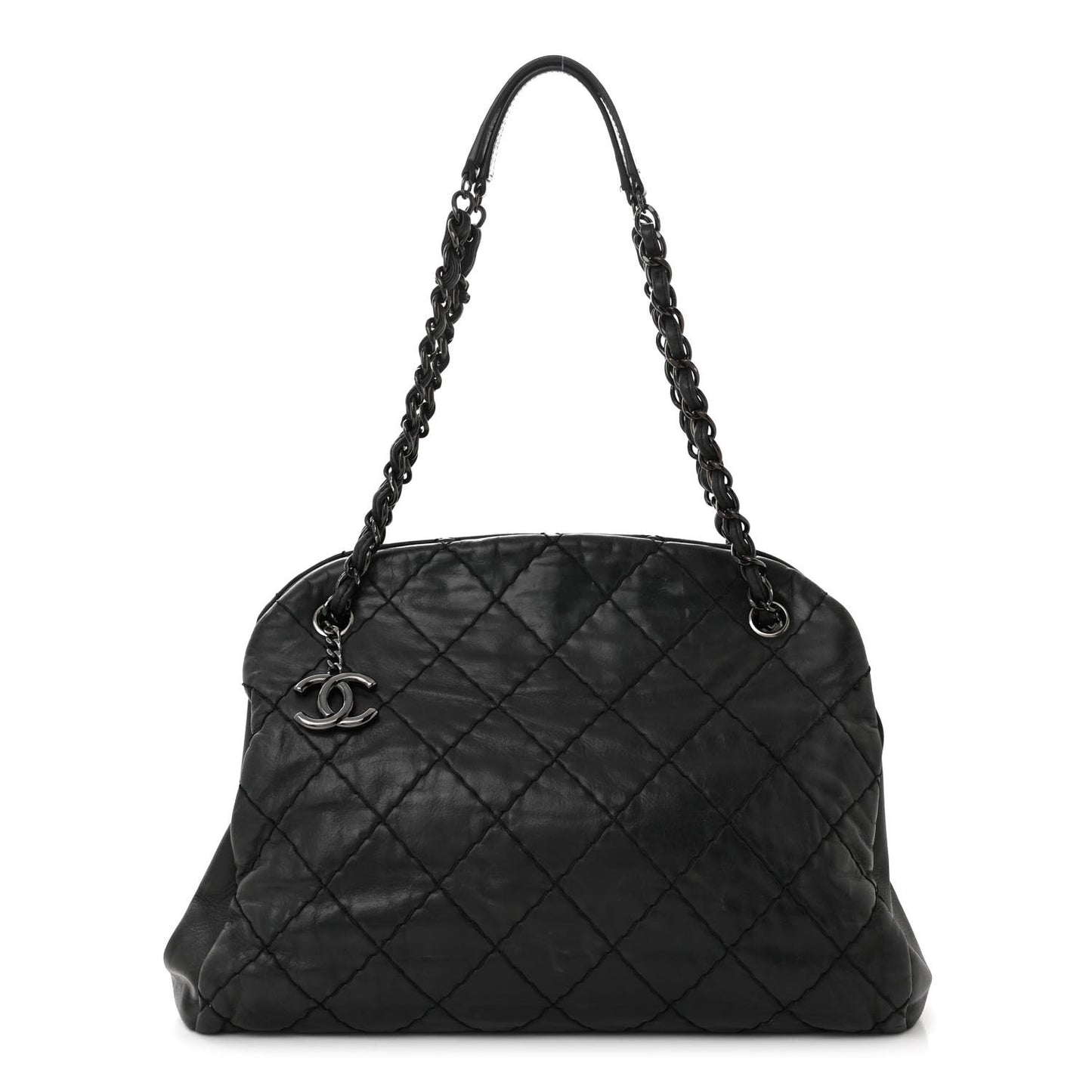Iridescent Calfskin Large Just Mademoiselle Bowling Bag Black