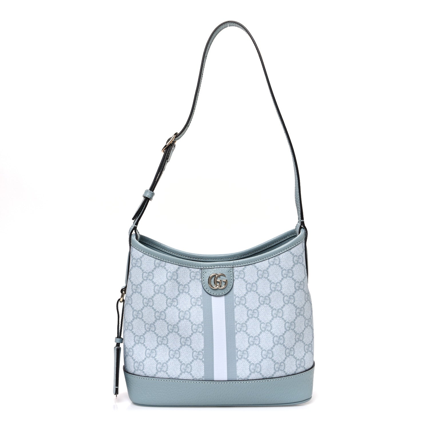 Gucci GG Supreme Monogram Textured Dollar Calfskin Web Small Ophidia Bucket Shoulder Bag Dusty Blue 1 of 10