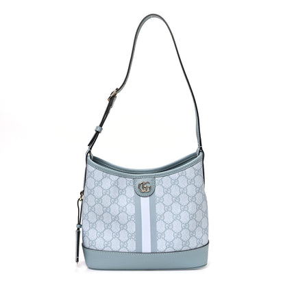 Gucci GG Supreme Monogram Textured Dollar Calfskin Web Small Ophidia Bucket Shoulder Bag Dusty Blue 1 of 10