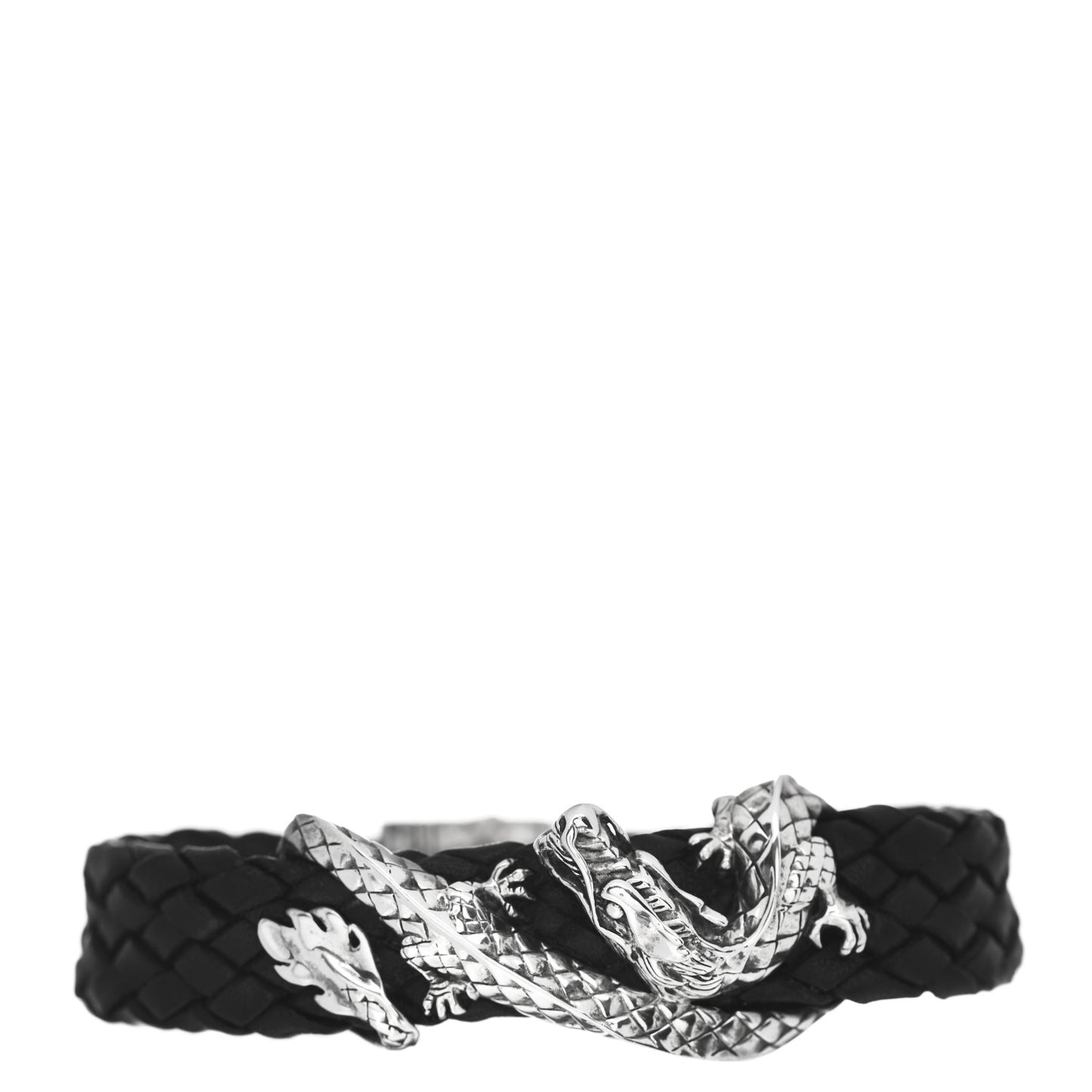 Sterling Silver Leather Naga Dragon Bracelet Black