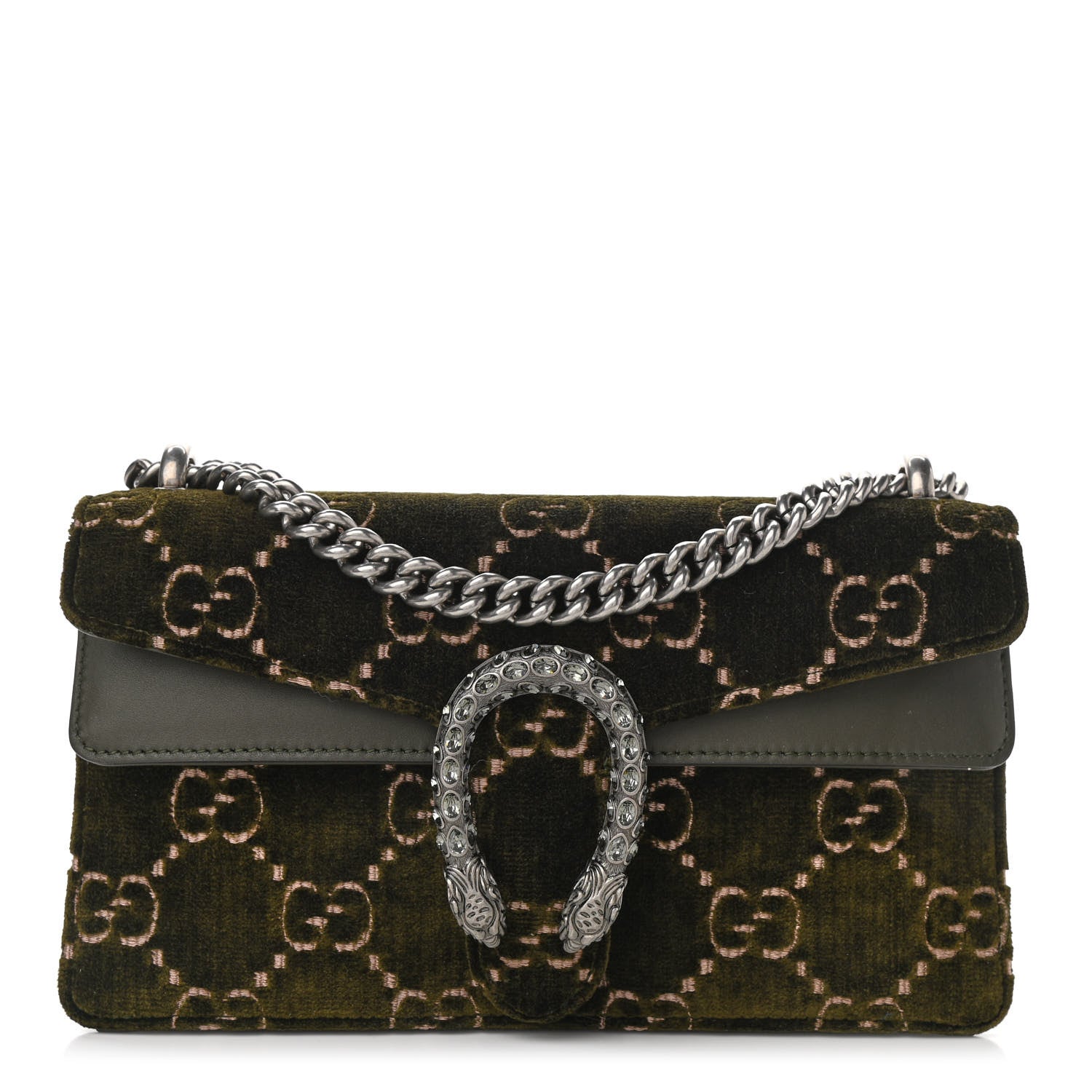 Gucci Velvet Moon Calfskin Crystal GG Monogram Small Dionysus Shoulder Bag Dark Olive Rose Gold 1 of 12