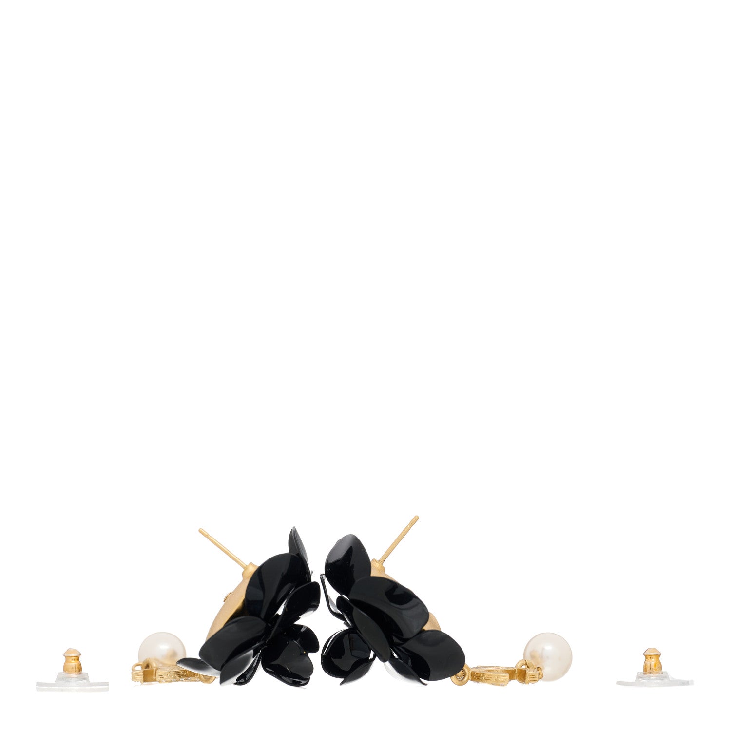 Chanel Enamel Crystal Pearl CC Camellia Drop Earrings Black Gold 3 of 5