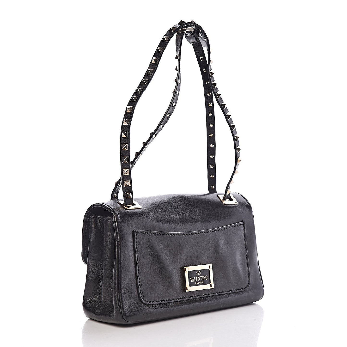 Vitello Rockstud Flip Lock Shoulder Flap Bag Black