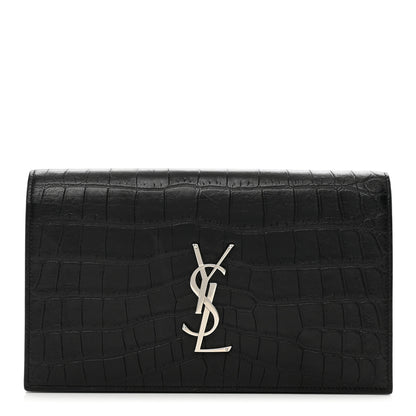 Saint Laurent Calfskin Crocodile Embossed Classic Kate Monogram Clutch Black 1 of 9