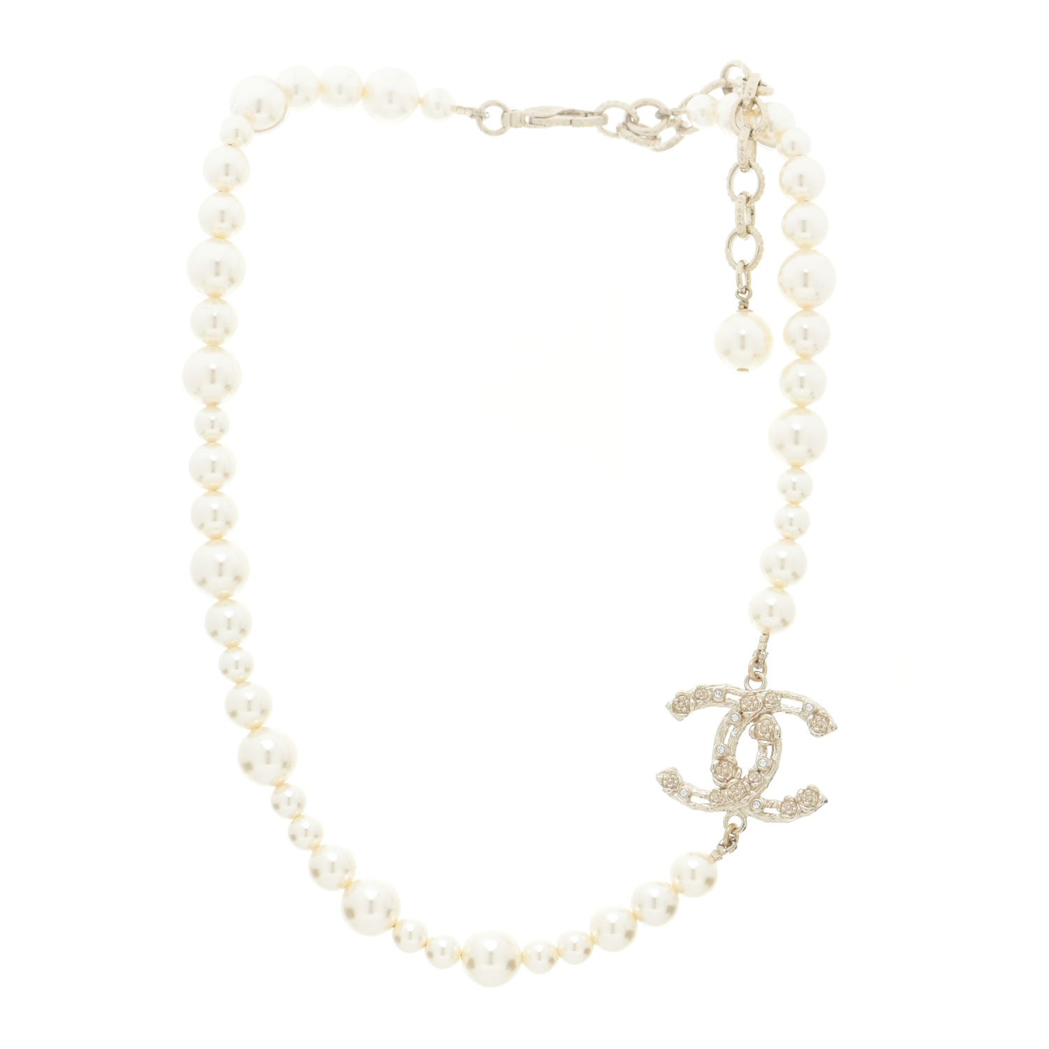 Chanel Pearl Crystal CC Camellia Short Necklace Gold 3 of 6