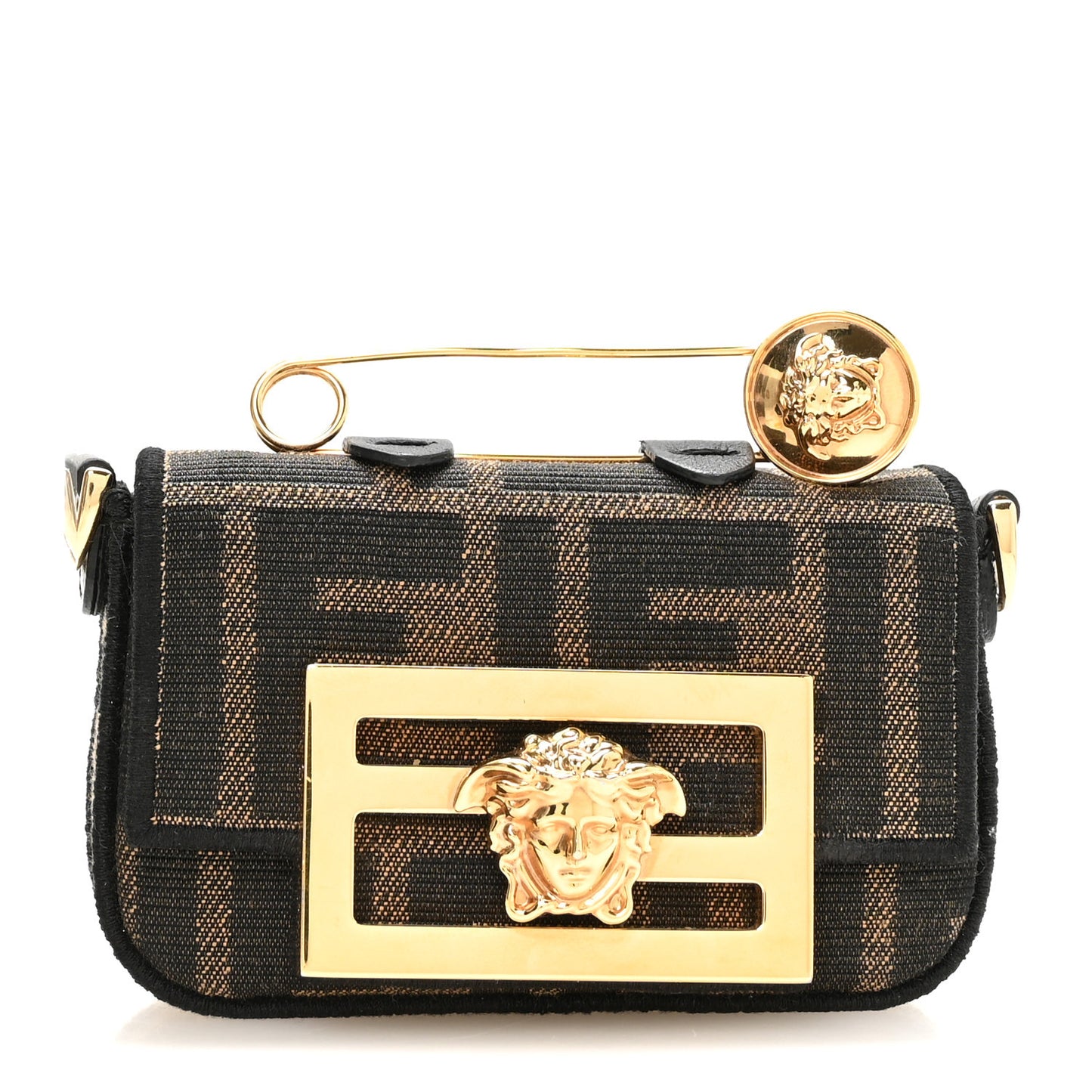 X VERSACE Fabric Jacquard Fendace FF Nano Brooch Baguette Tobacco Black