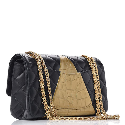 Chanel Lambskin Metallic Calfskin Crocodile Embossed 2.55 Cocodile Reissue 225 Flap Black Gold 4 of 11