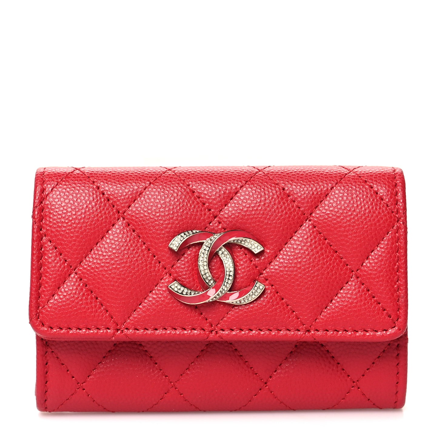 Caviar Quilted Crystal Enamel CC Flap Card Holder Red