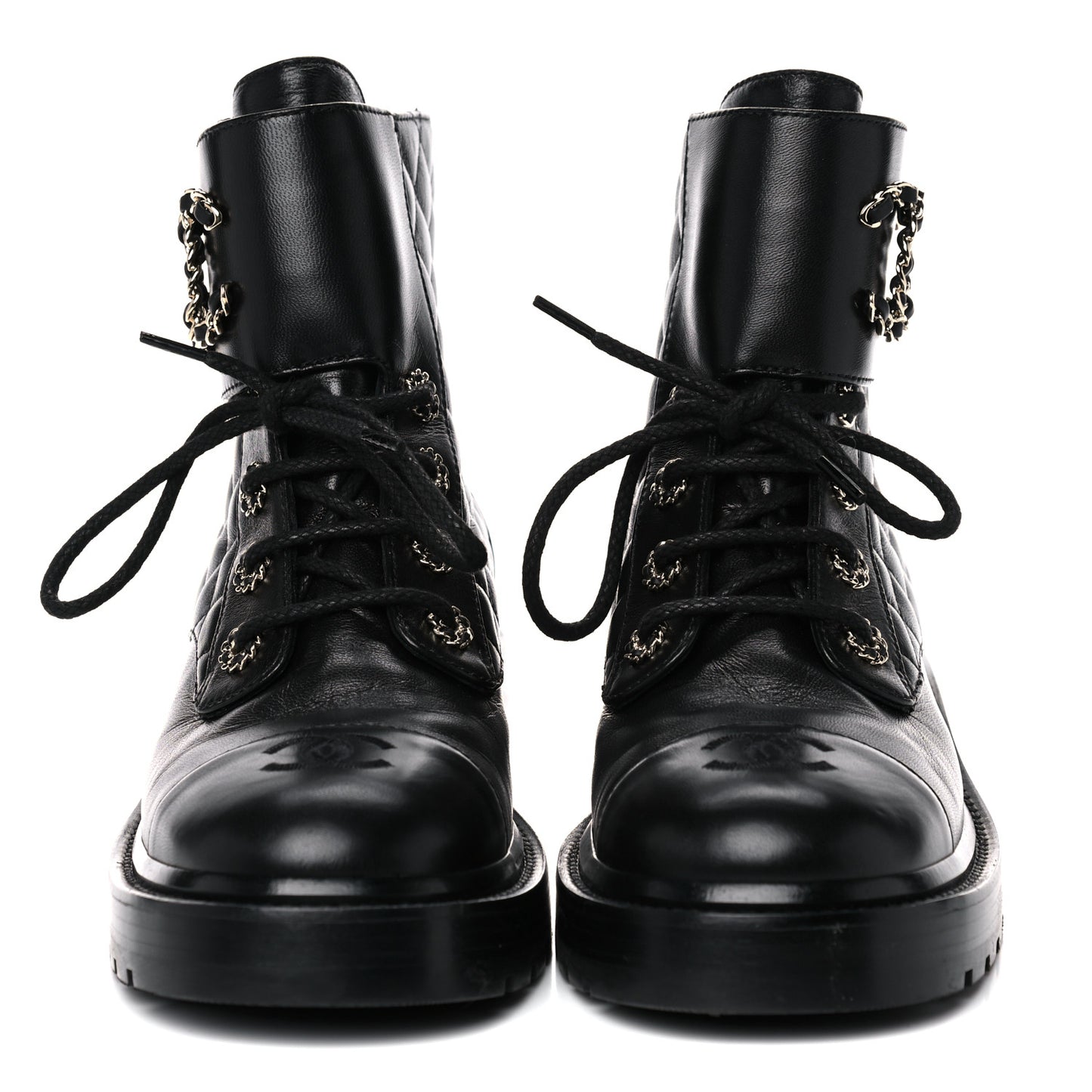 Shiny Lambskin Quilted Lace Up Combat Boots 38.5 Black