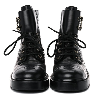 Chanel Shiny Lambskin Quilted Lace Up Combat Boots 38.5 Black 2 of 10