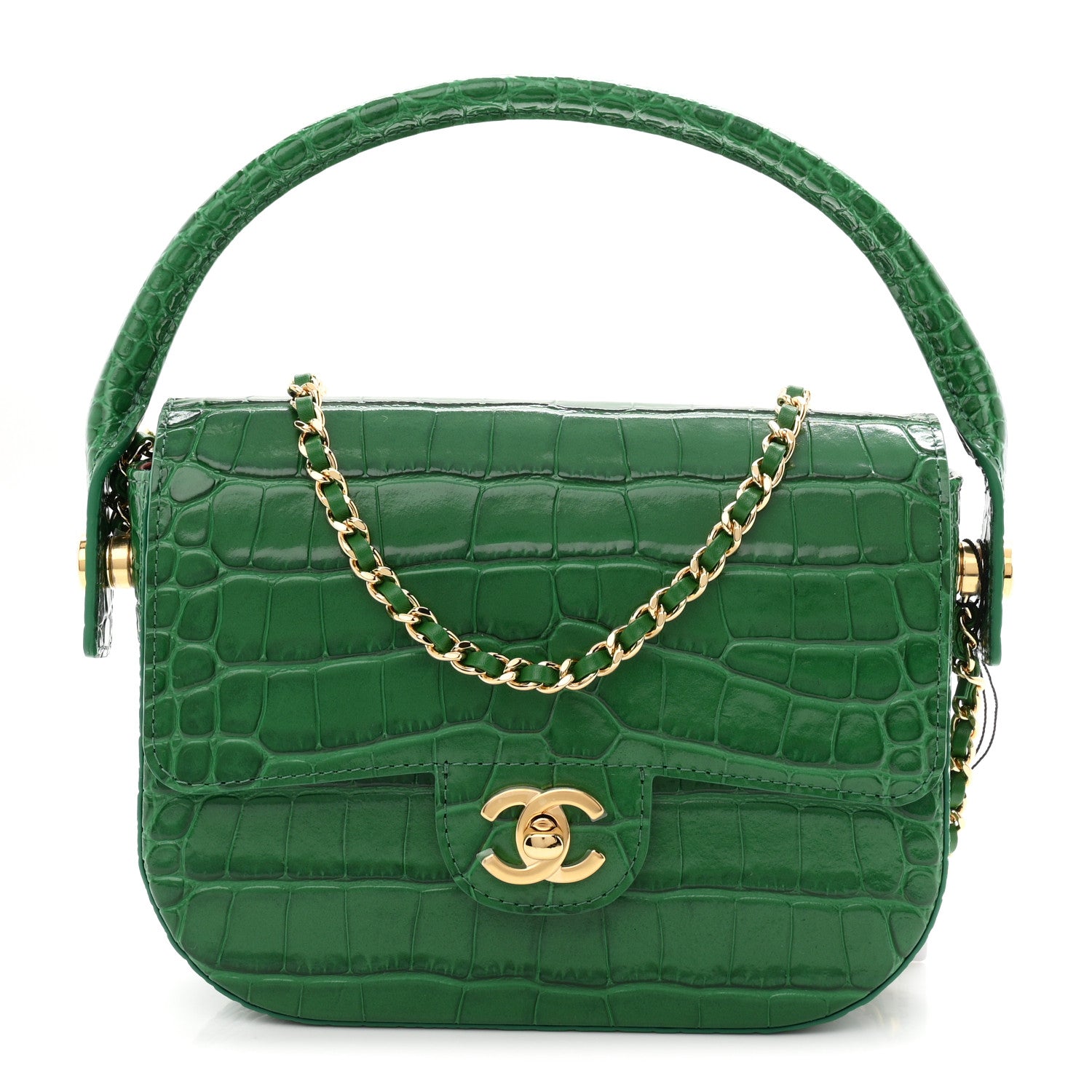 Chanel Calfskin Crocodile Embossed Turn Around Mini Flap Emerald 1 of 10