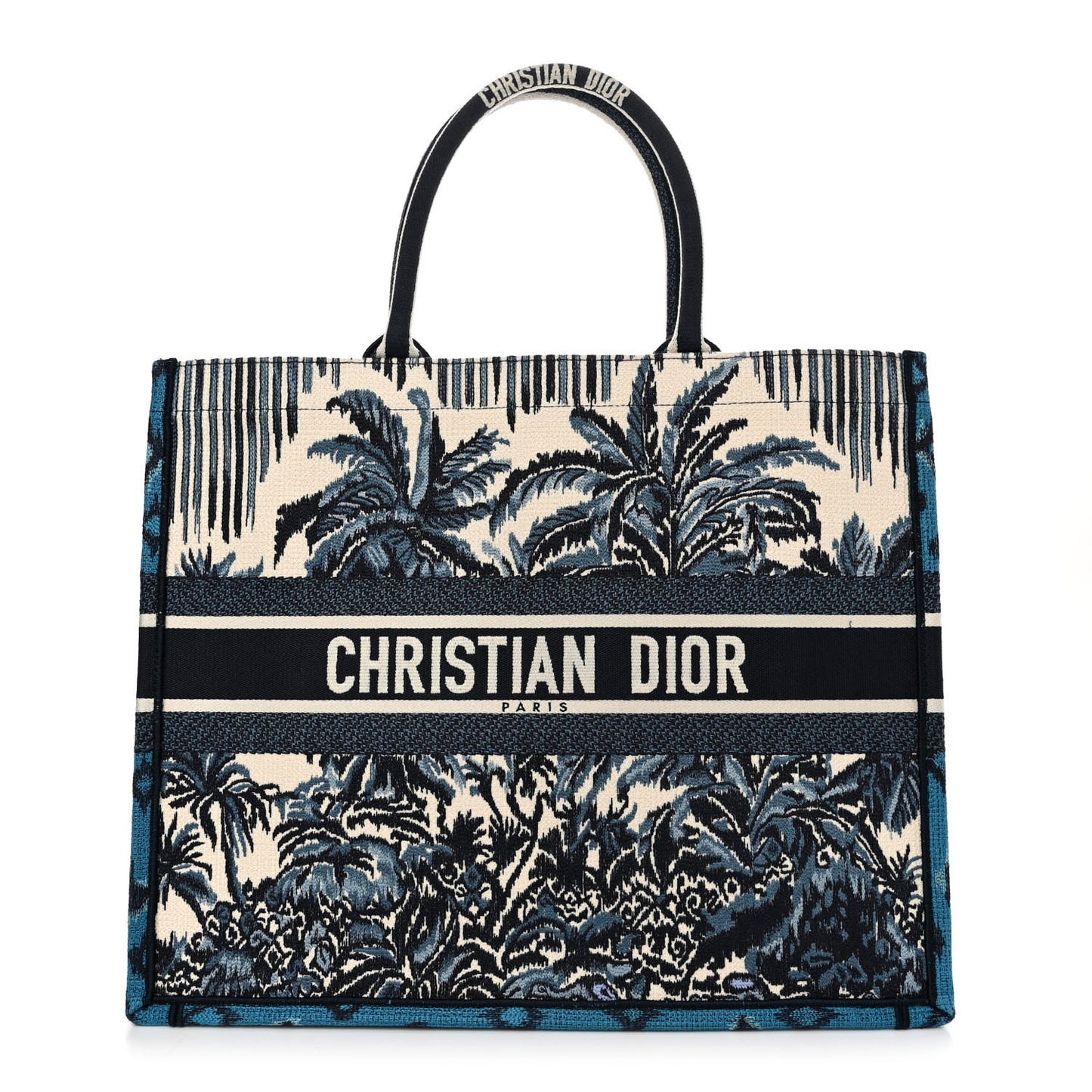 Canvas Embroidered Large Palm Tree Toile De Jouy Book Tote Blue Multicolor