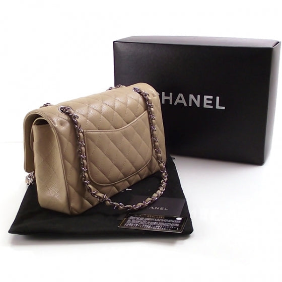Caviar Quilted Medium Double Flap Beige