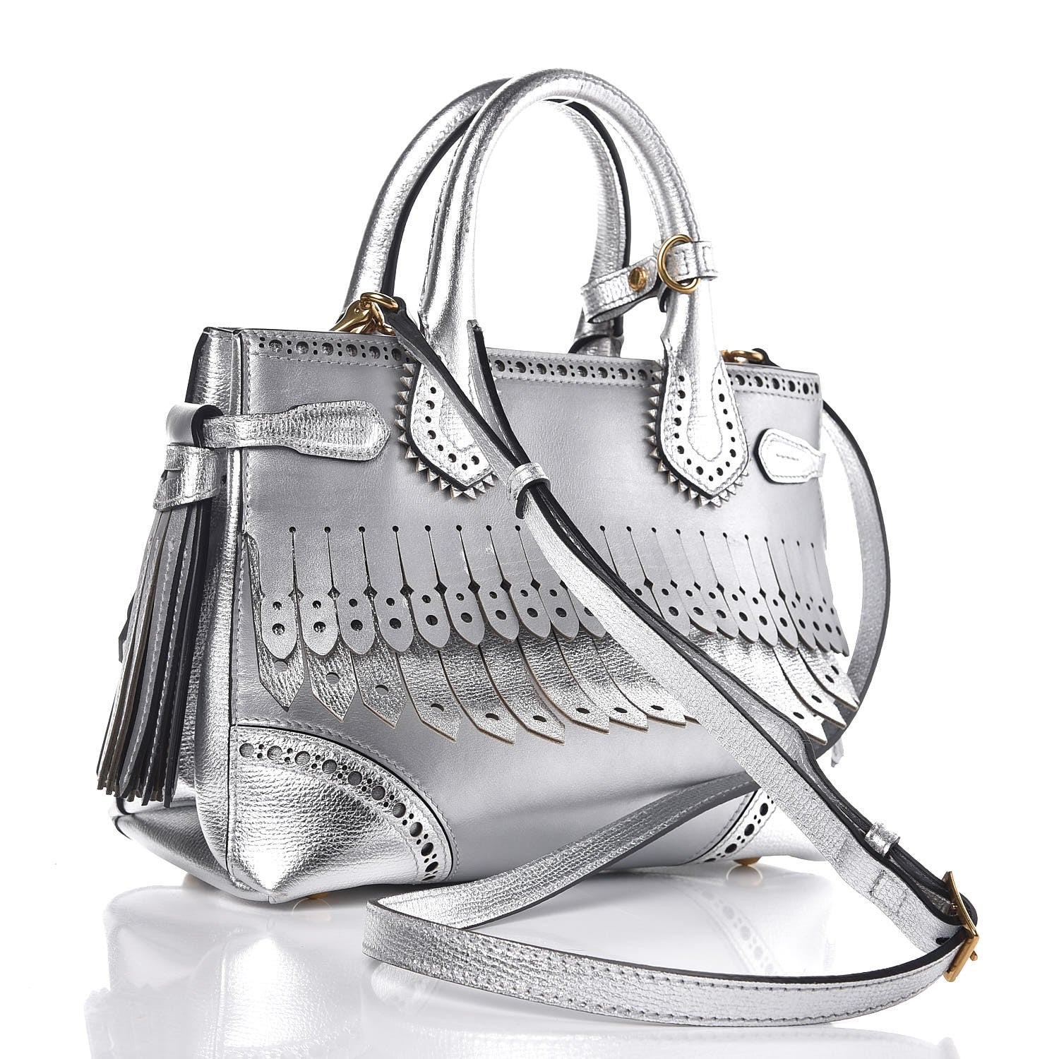 Burberry Metallic Calfskin Broguing Small Banner Tote Silver 3 of 8