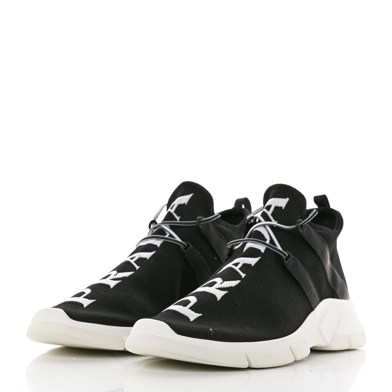 Prada Knit Fabric Mens Logo Sneakers 8 Black White 3 of 8