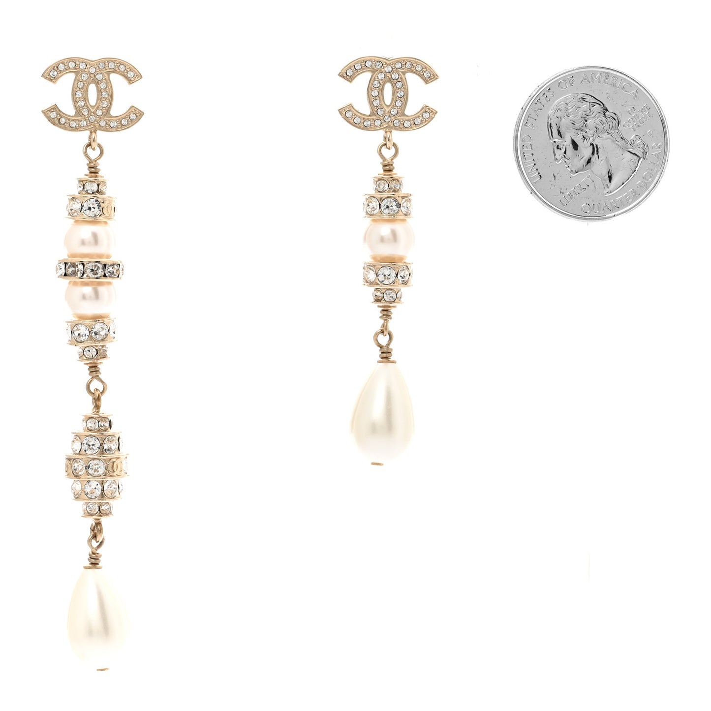 Crystal Pearl CC Uneven Drop Earrings Gold