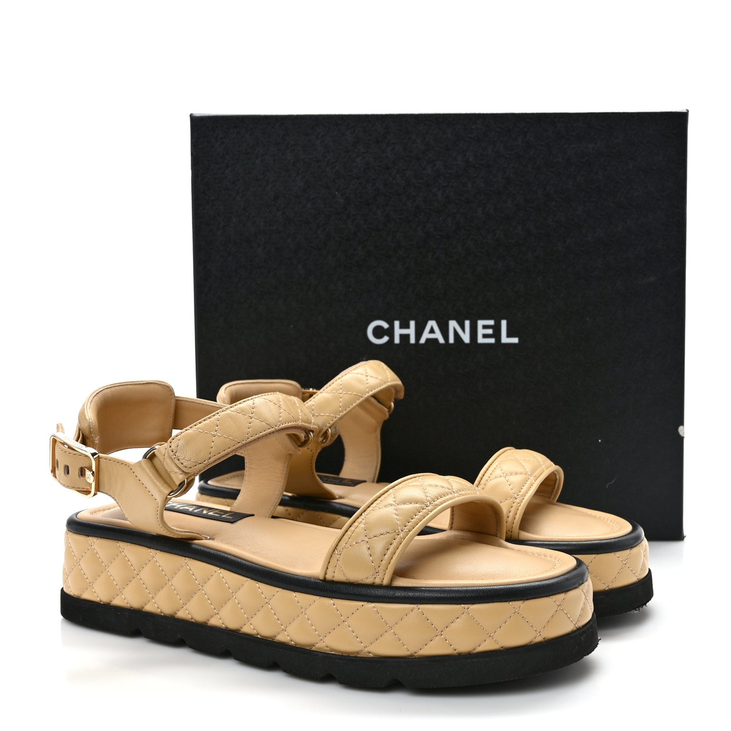 Lambskin Quilted Platform Sandals 41 Beige Black