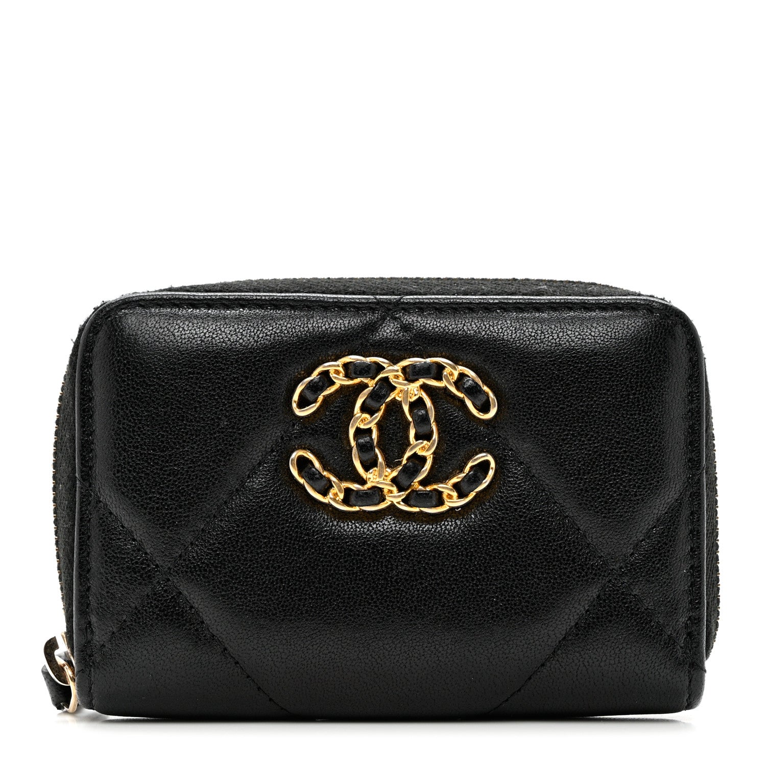 Chanel Shiny Goatskin Quilted Chanel 19 Zip Around Coin Purse Wallet Black 1 of 8