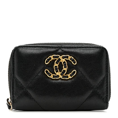 Chanel Shiny Goatskin Quilted Chanel 19 Zip Around Coin Purse Wallet Black 1 of 8