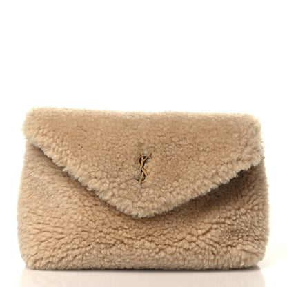 Saint Laurent Shearling Quilted Monogram Loulou Puffer Pouch Clutch Natural Beige Brick 3 of 11