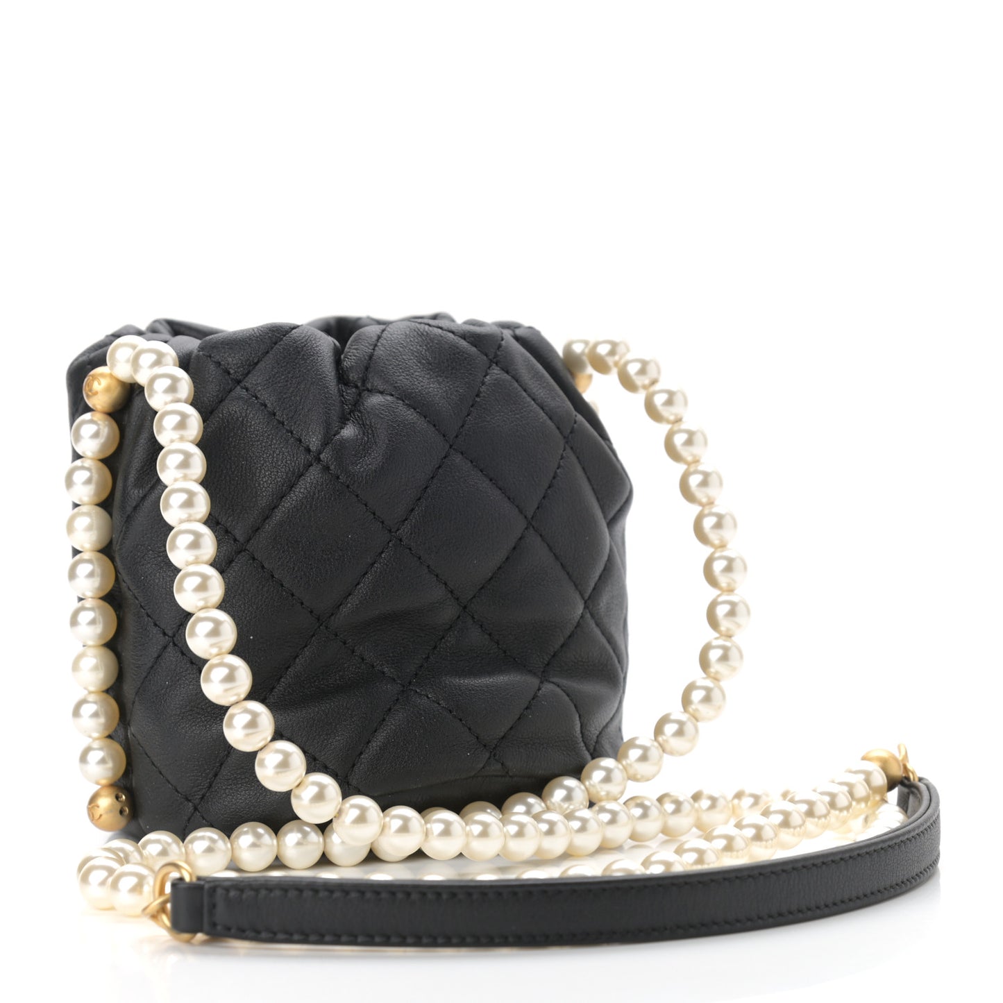 Calfskin Quilted Pearl Mini About Pearls Drawstring Bucket Bag Black