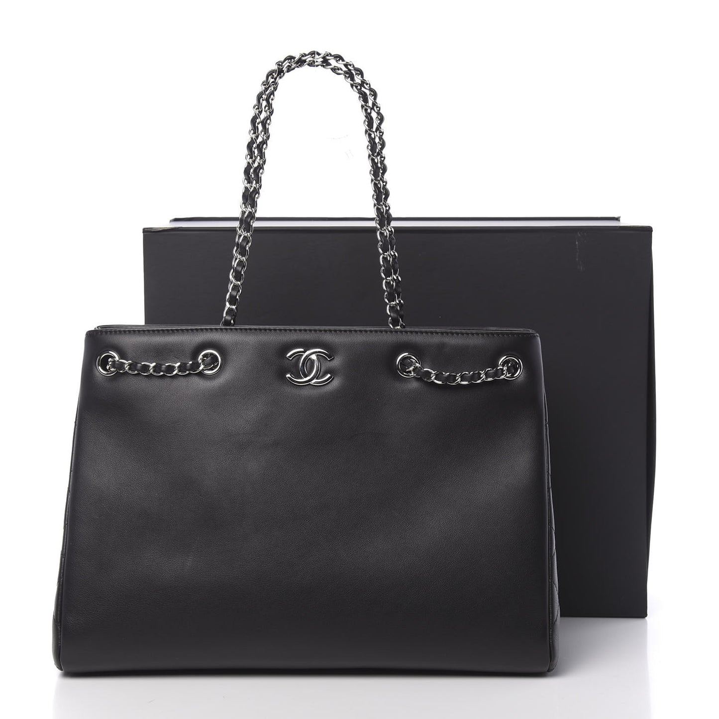 Calfskin Large Woven Chain Shopping Tote Black