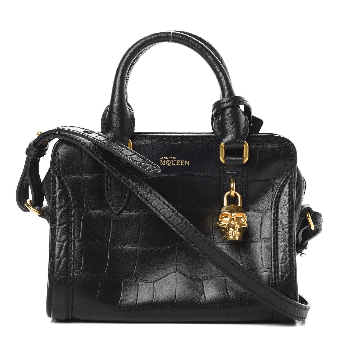 Calfskin Crocodile Embossed Mini Skull Padlock Zip Around Tote Black