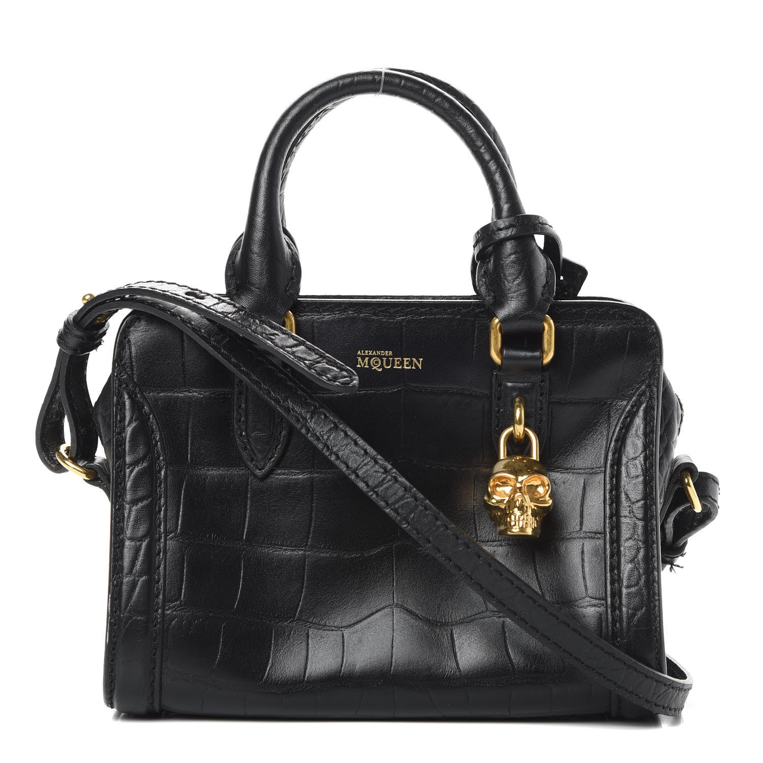 Alexander McQueen Calfskin Crocodile Embossed Mini Skull Padlock Zip Around Tote Black 1 of 17